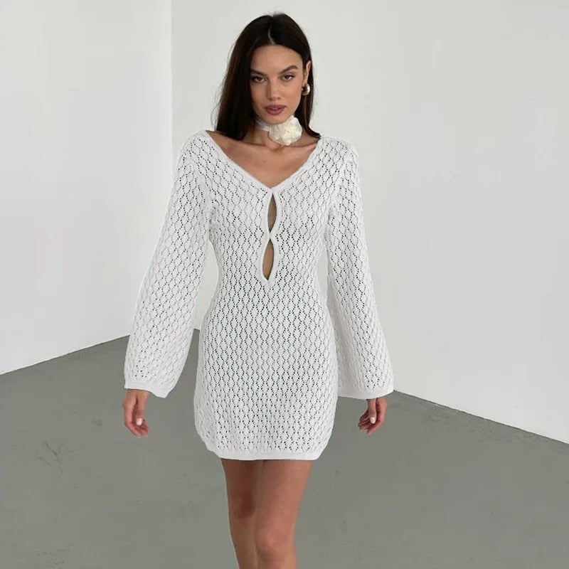 Sexy Women Long Knit Beach Dress Hollow-Out Deep V-Neck Long Sleeve Bikini Cover-Ups Dress Fall Backless Holiday Dress - Seprincess