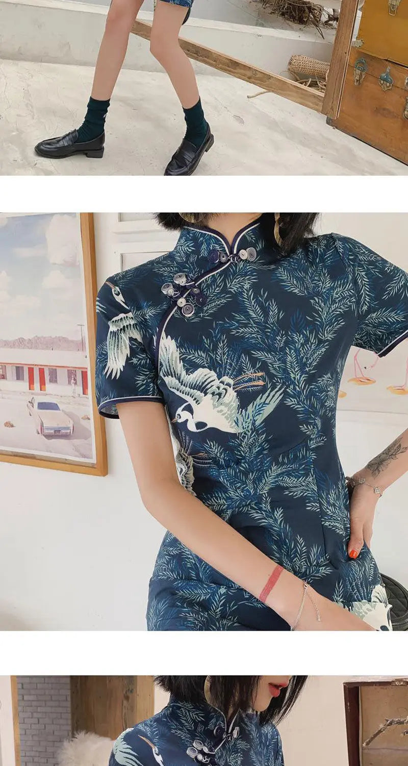 New Daily Improvement Cheongsam Dress 2024 Summer Short Sleeved Chinese Style Retro Young Style A-line Crane Print Dress Qipao - Seprincess