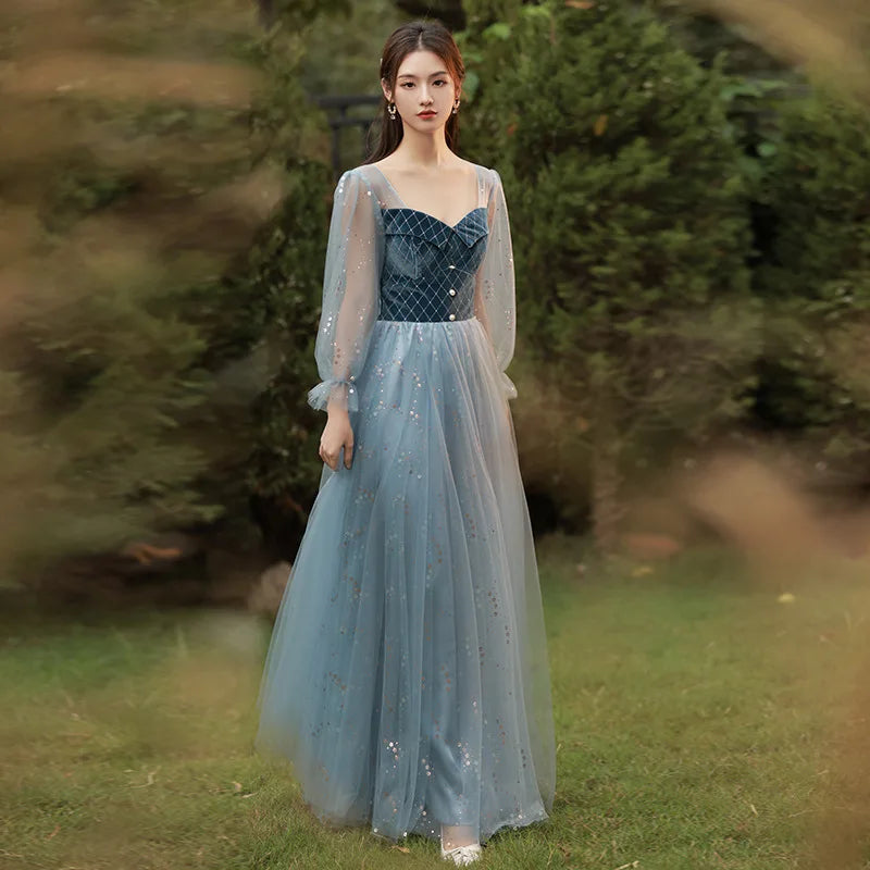 Autumn Winter Bridesmaid Dress New Women's Long Sleeve Corduroy Lace Splicing Style Dress Wedding Sisters Group Evening Dresses - Seprincess