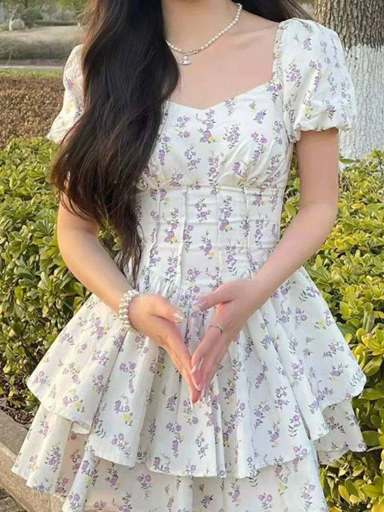 Preppy Style Dresses for Women Lovely Girls Fashion Floral Design Mini Sweet Chic Korean Young Summer Clothing All-match Casual - Seprincess