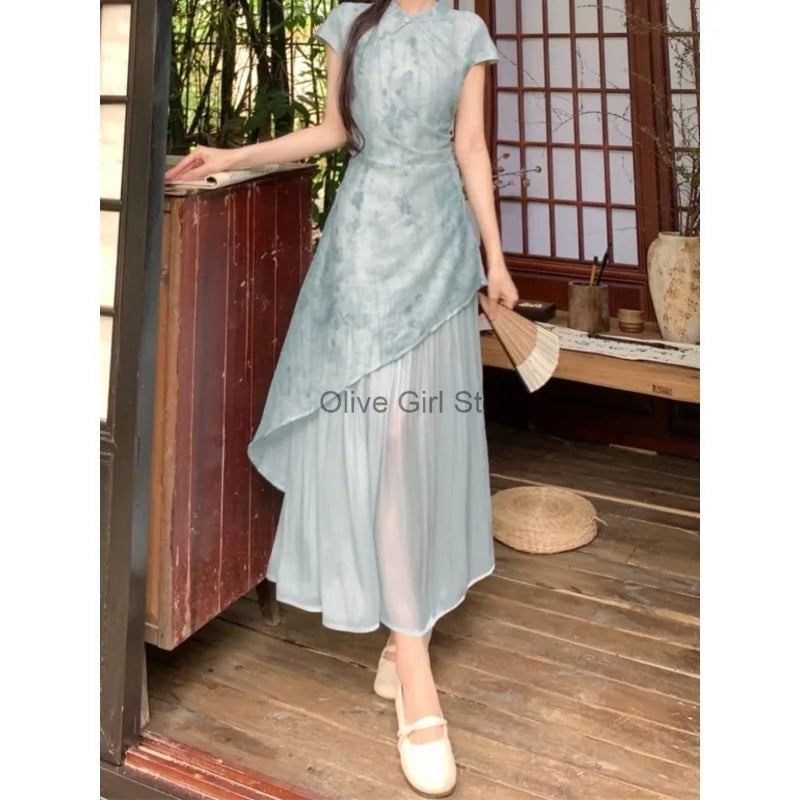 Summer Dress Short Sleeved Dreen Women's Cheongsam Qipao Traditional Improved Slim A-line Long Dress Irregular High-end Elegant - Seprincess