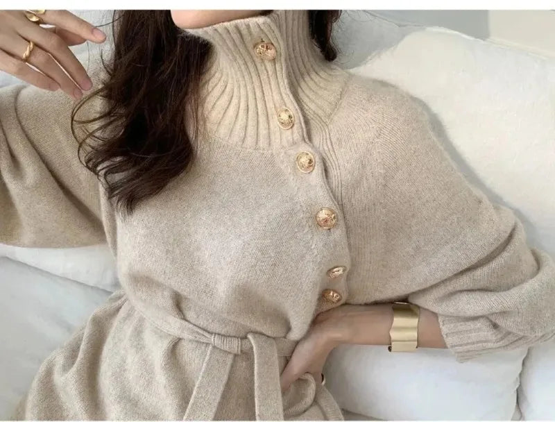 BTQWFD Turtleneck Sweaters Long Sleeves Dresses for Women Party Pullovers 2024 New Autumn Winter Button Skirts Female Clothing - Seprincess