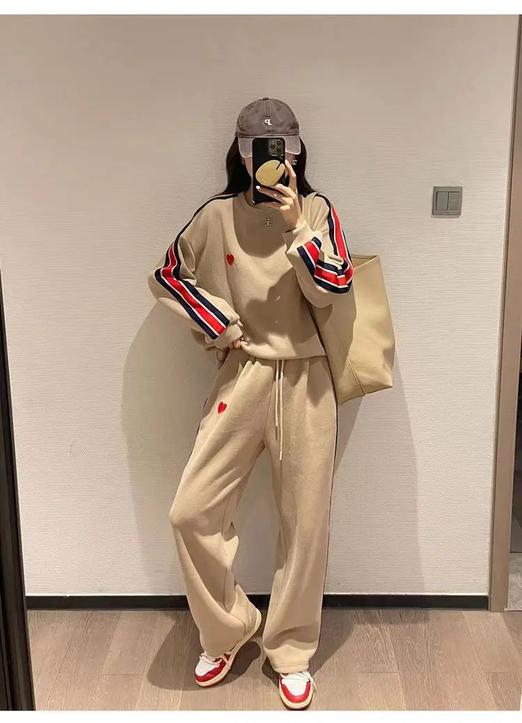 Autumn Cute Love Embroidery Pant Sets Two Pieces Tracksuits Khaki Side Striped Sweatshirt Women Girls Loose Sporty Korean Style - Seprincess