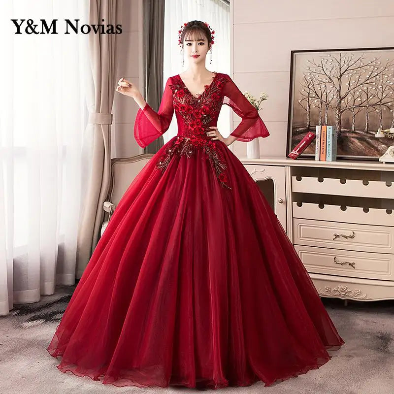 Y&M Novias New V Neck Long Sleeve Quinceanera 15 Years Vestidos De 15 Anos Mint Wine Red Turquoise Quinceanera Gowns Party Dress - Seprincess