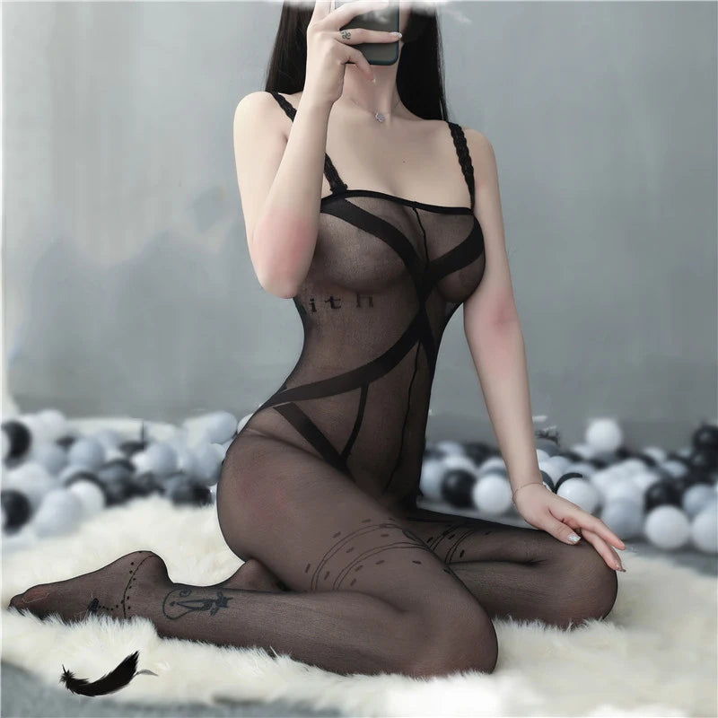 Black Sexy Catsuit Women Erotic Costumes Open Crotch Bodystockings Nylon Tights Transparent Lenceria Erotica Mujer Sexi