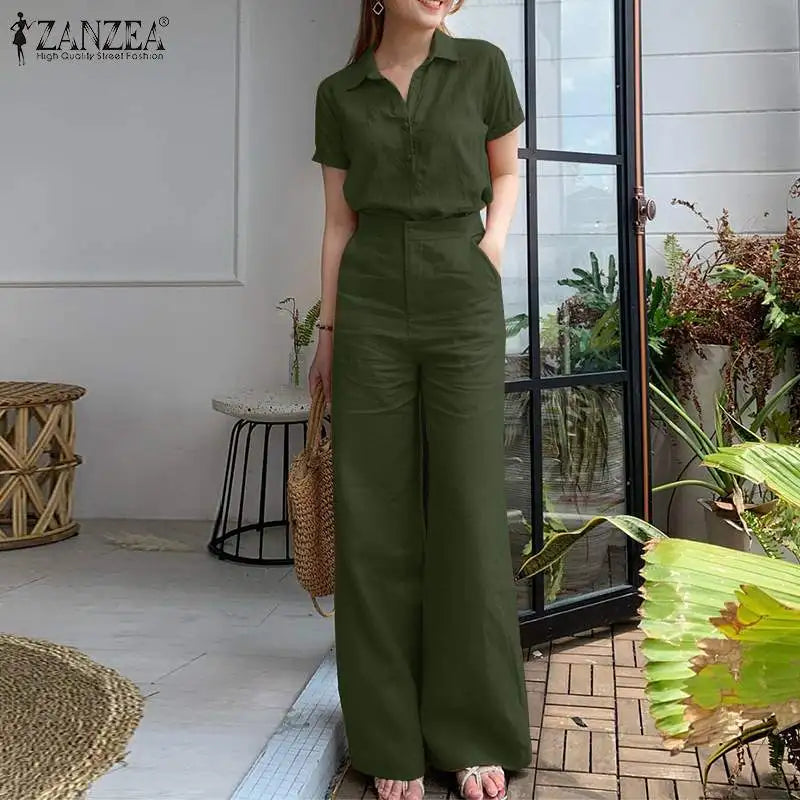 ZANZEA Summer Women Matching Sets OL Work Outfits Causal Short Sleeve Shirt Loose Wide Leg Pants Fashion Suit Urban Tracksuits - Seprincess