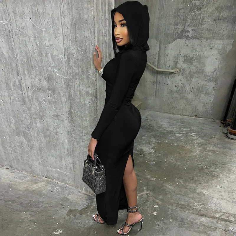 Simenual Solid Casual Hooded Long Sleeve Maxi Dress Fashion Elegant Women Hem Split Bodycon Dresses Y2K Basic Trim Streetwear