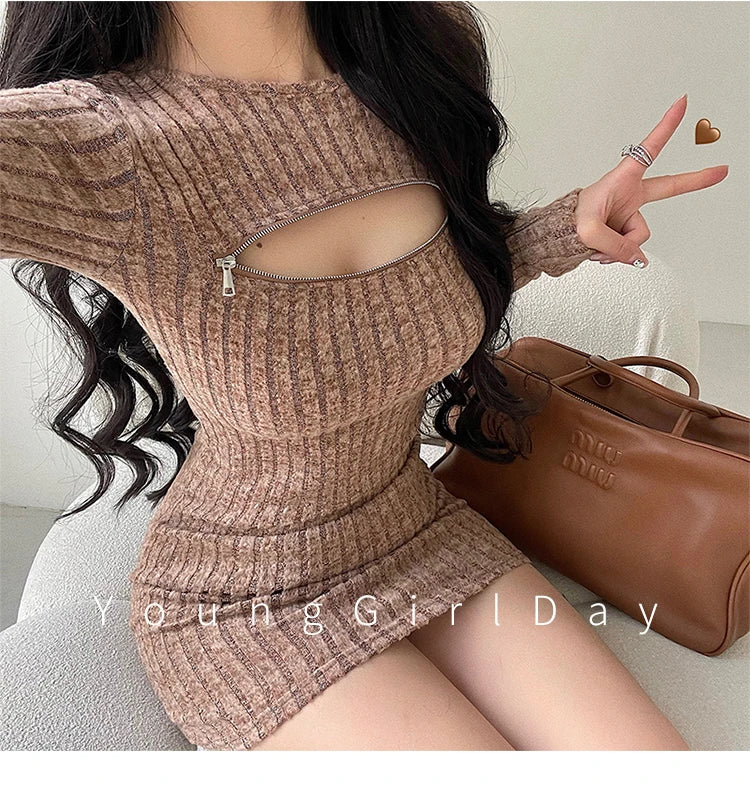 WOMENGAGA Sexy Hollow Zipper Tight Long Sleeved Sweater Knitted Dress Elegant Short Dress Fashion Sweet Kroean Women Top 1S4E - Seprincess