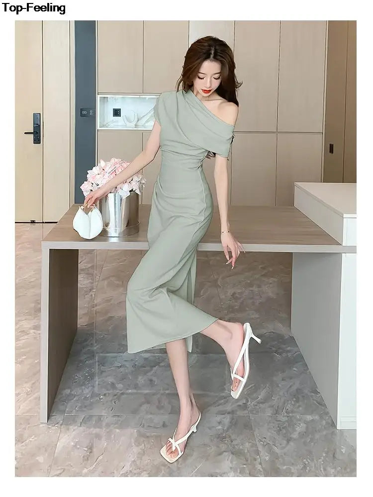 Elegant Off Shoulder Evening Party Dresses Women Summer Fashion Slim One Piece Solid Vestidos Korean Graduation Robe Clothing - Seprincess