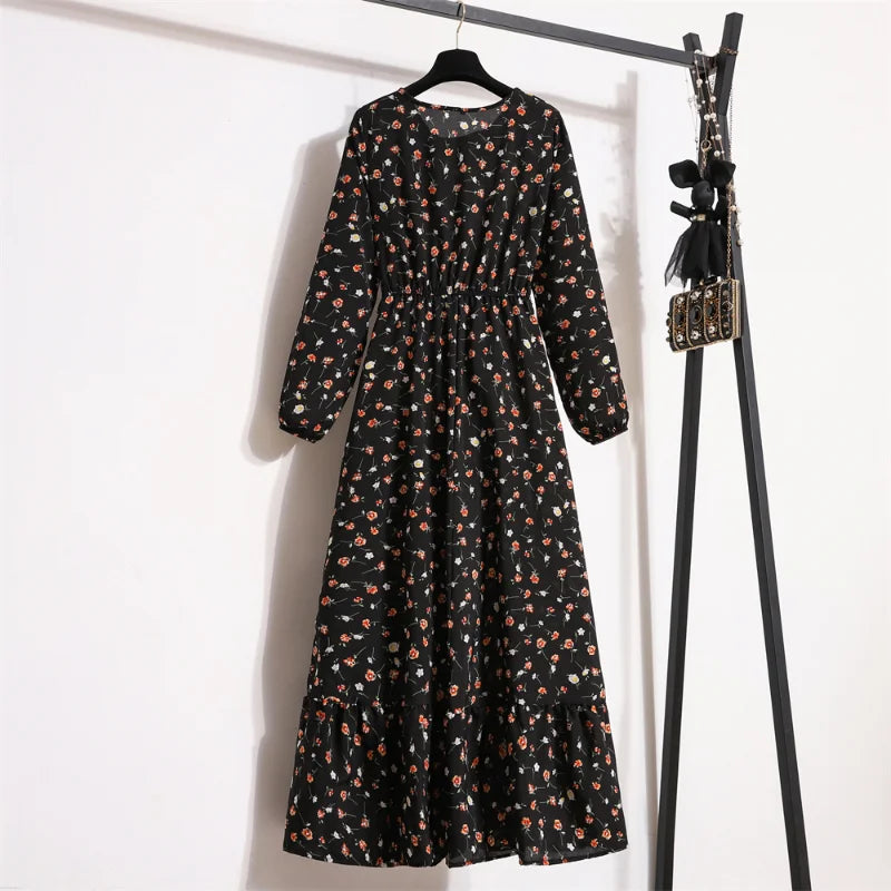 Autumn Spring Chiffon Dress Women Maxi Dresses VestidoesFashion Female Full Sleeve Vintage Printed Floral Casual Long Dresses - Seprincess