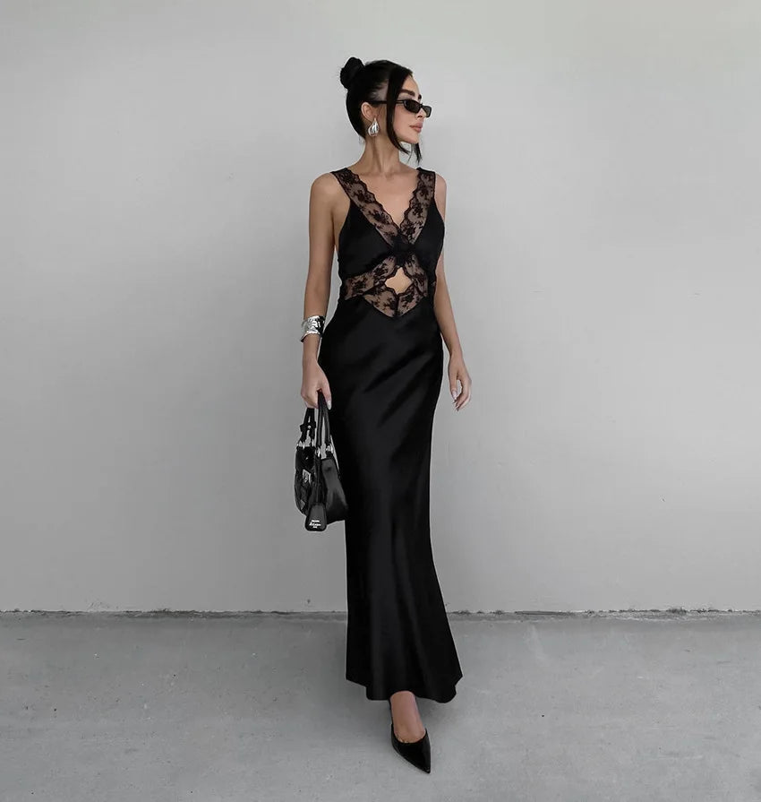 Women Elegant Fashion Black Lace Stitching Suspender Dress Female Design Sense V-neck Hip Skirt Summer Dress - Seprincess