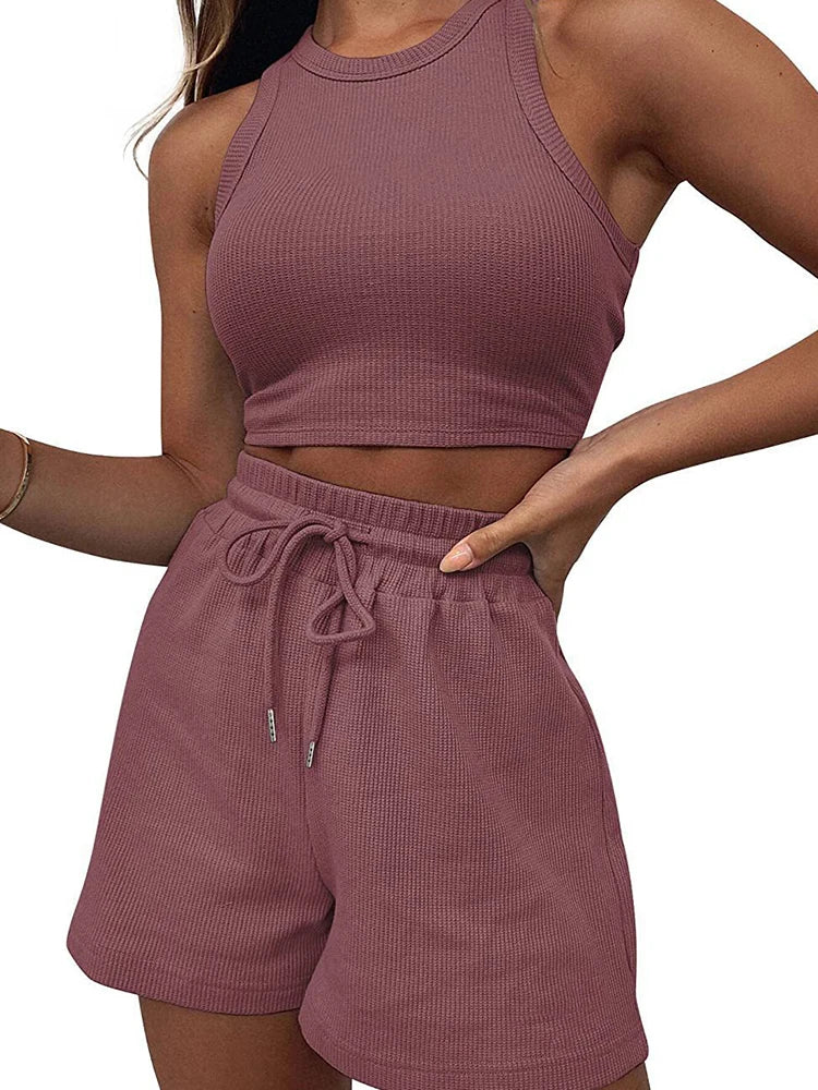 2024 Summer New Sleeveless Waffle Elegant Women's Sets Solid Color Sexy Waist Vest Casual Tethered Shorts Female's Two-Piece Set