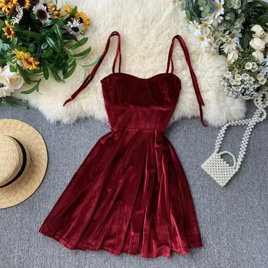 Women's Mini Party Dress French Retro Black Red Sling Velvet Dress New Waist Female Sexy Short Dresses HH193 - Seprincess