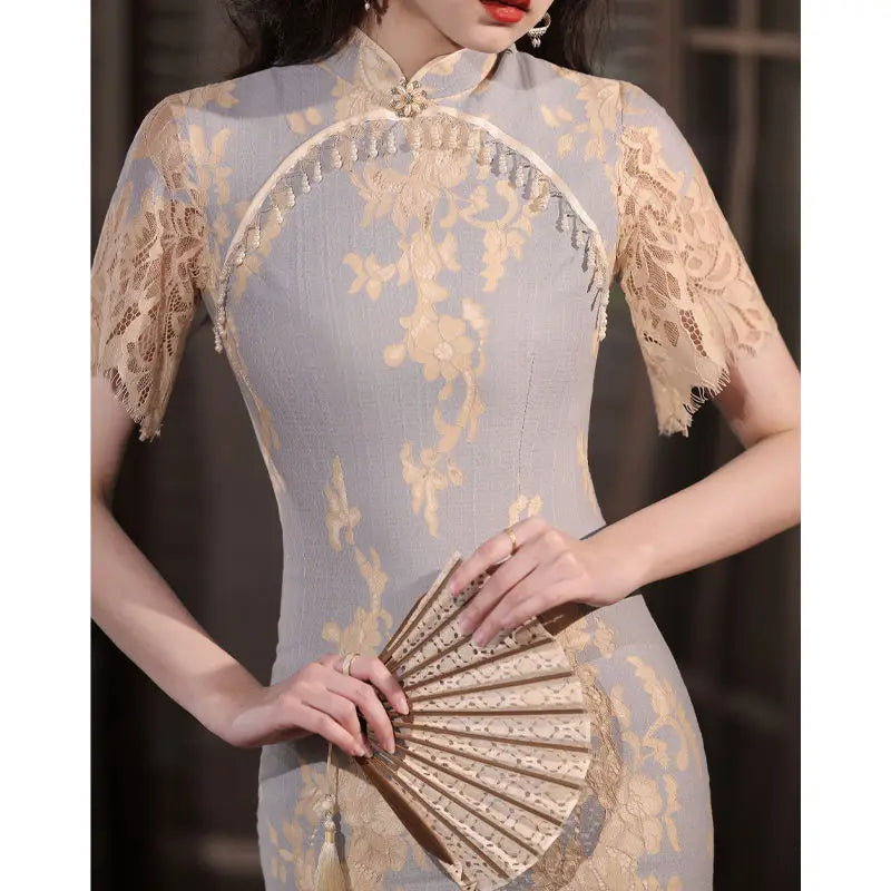 2022 Retro Cheongsam Chinese Classic Women's Qipao Elegant Short Sleeve Vintage Dress Splice Lace Daily Embroidery Dress - Seprincess