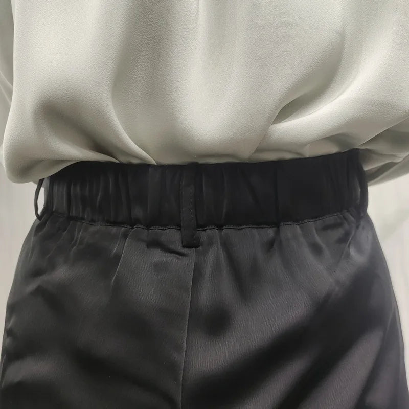 Summer Autumn Women's Pants Loose Classic Black Straight High Waist Casual Silk Satin Wide Leg Trousers for Women drape effect