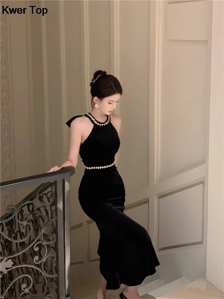 Woman Sexy Backless Bow Black Mermaid Dresses French Vintage Temperament Party Dress Ladies Chic Luxury Velvet Robe - Seprincess