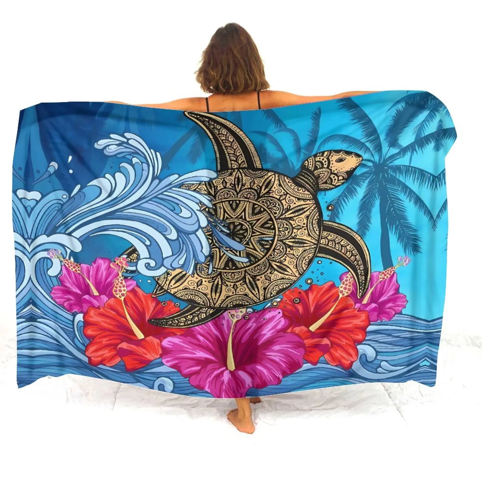 Beach Getaway Soft And Comfortable Sarong Hawaiian Turtle Pattern Custom Sarong Polynesian Art Print Design Beach Dress - Seprincess