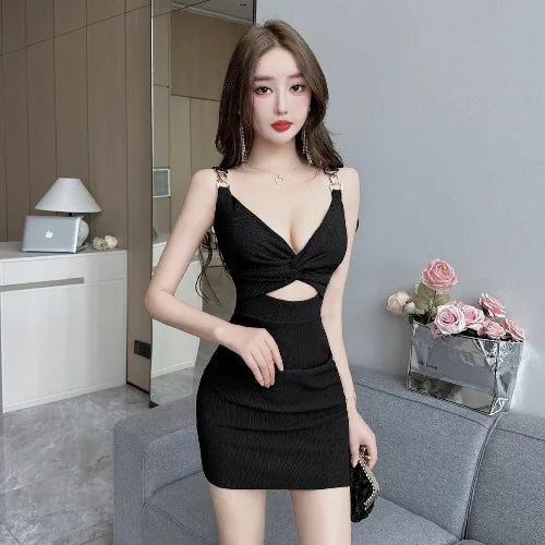 Kimotimo Women Sexy V Neck Hollow High Waist Clubbing Dress Temperament Sleeveless Backless Slim Fit Party Mini Dresses Summer - Seprincess