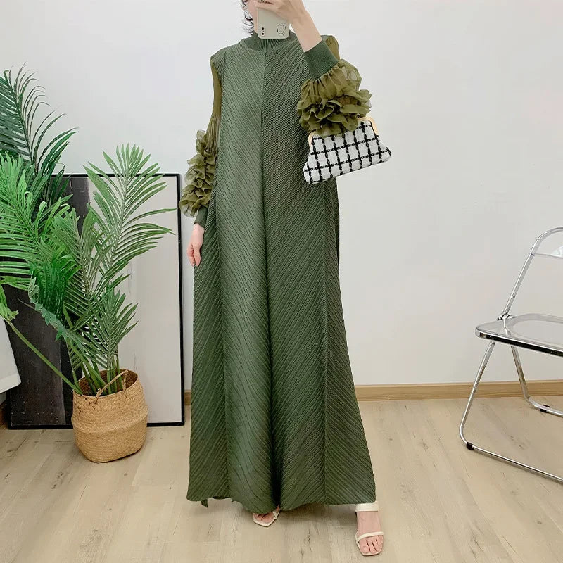 ANLAN Miyake Pleated Maxi Long Dress Mesh Petal Sleeve Half Turtleneck Formal Dresses for Women 2024 New Hot Sales 6KK9927 - Seprincess