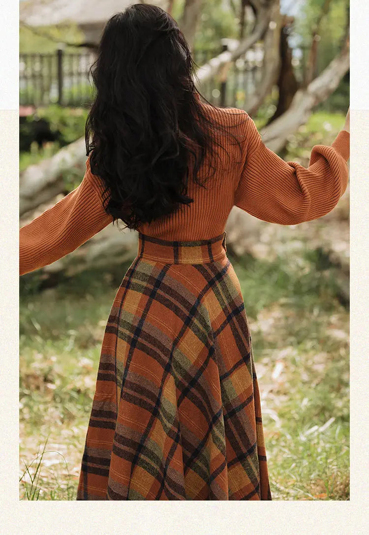 Women's Spring Autumn Vintage Plaid Long Skirts Sweater Two-Piece Set French Lady Graceful Knit Pullover High Waist Skirt Outfit - Seprincess