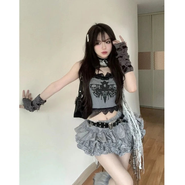 Fashion Sweet Lace Slim Fit Camisole Tops Women+ Y2k Kpop High Waist Ruched Cake Skirts 2024 Summer New Two Piece Sets - Seprincess