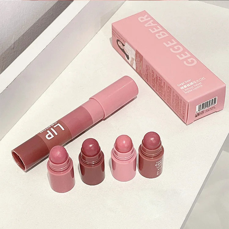 Gege Bear 4 in 1 Velvet Matte Crayon Lipstick Super Stay Makeup Pink Red Long Wear Waterpoof Non-Stick Cup Tiny Lip Stick - Seprincess