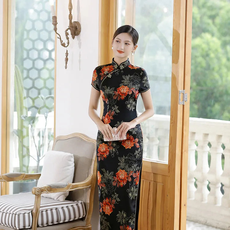 Chinese Style Cheongsams Woman Traditional Dress Floral Print Qipao Satin Vestido Para Mujer Slitting Hem Bodycon Large Size 5Xl