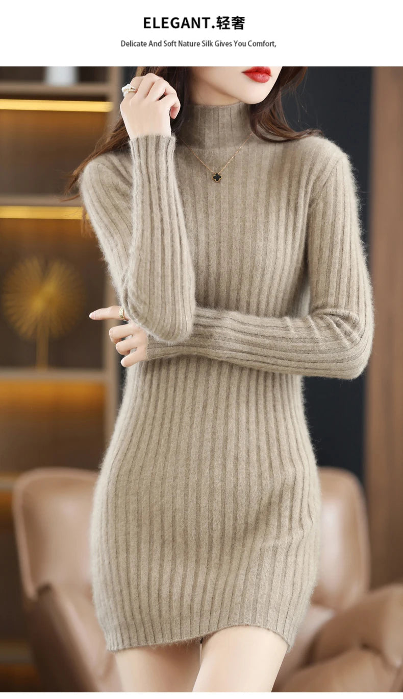 Women's High Collar Winter Warm Long Sleeve Solid Mink Cashmere Korean Version Loose Luxury Soft Cashmere Knitted Fit Dress - Seprincess