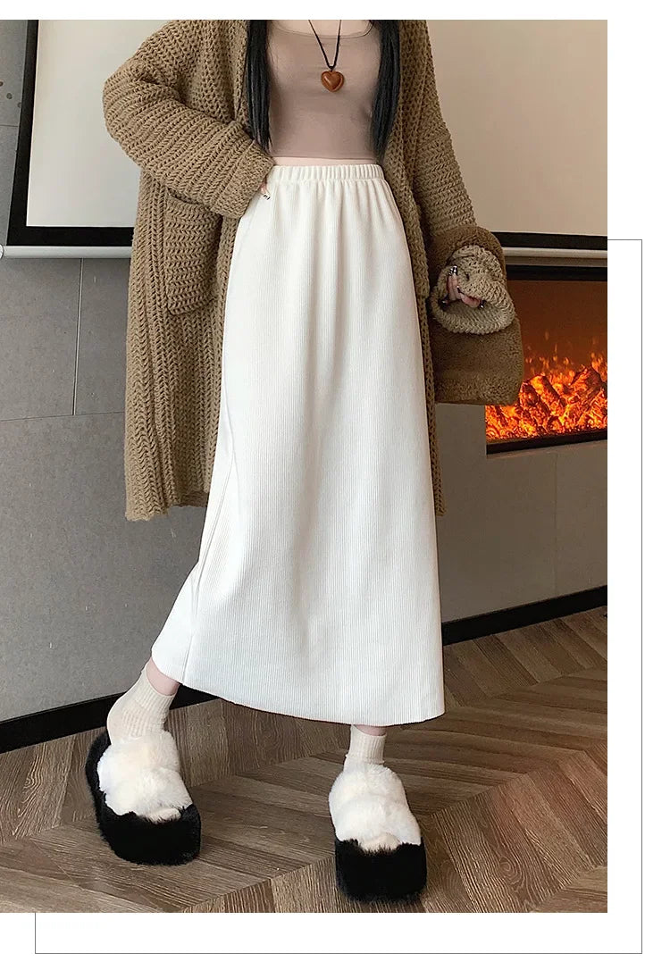 Thickened Fleece-Lined Corduroy Skirt Women's Autumn/Winter 2024 New Medium-Length A- Line Skirt With Side Slit High-Waisted