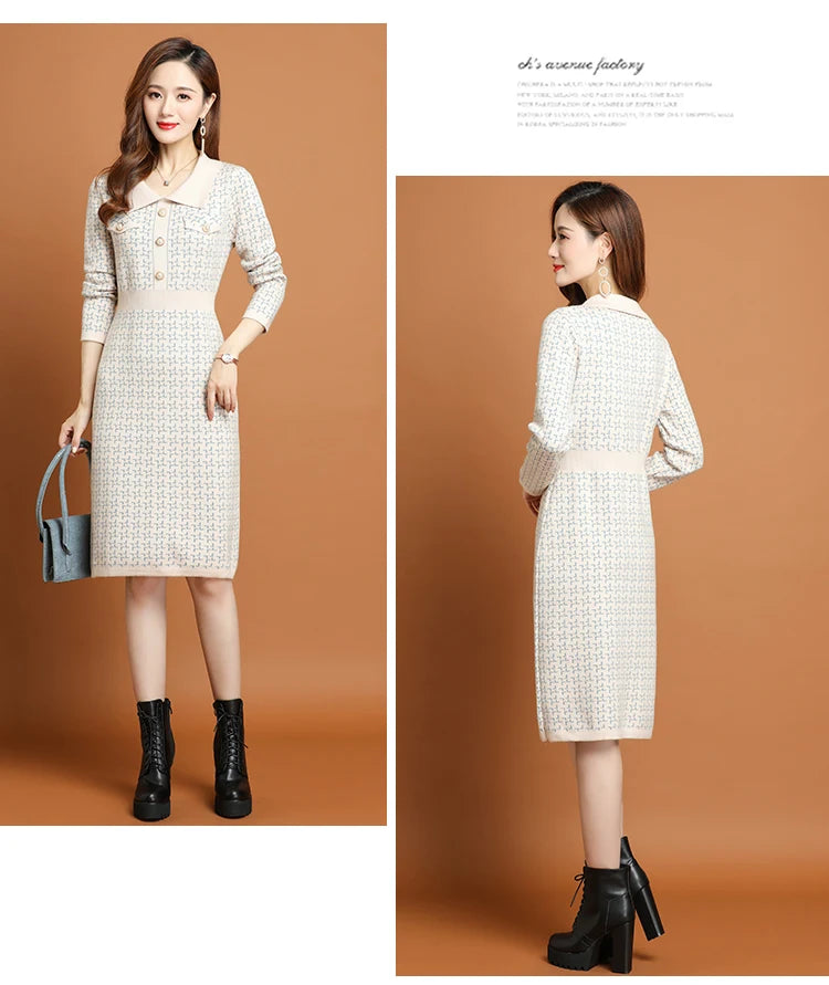 Office Lady Korean Fashion Knitted Solid Slim Dress Women's Winter Long Sleeve Warm Elegant Knee Length Tunics - Seprincess