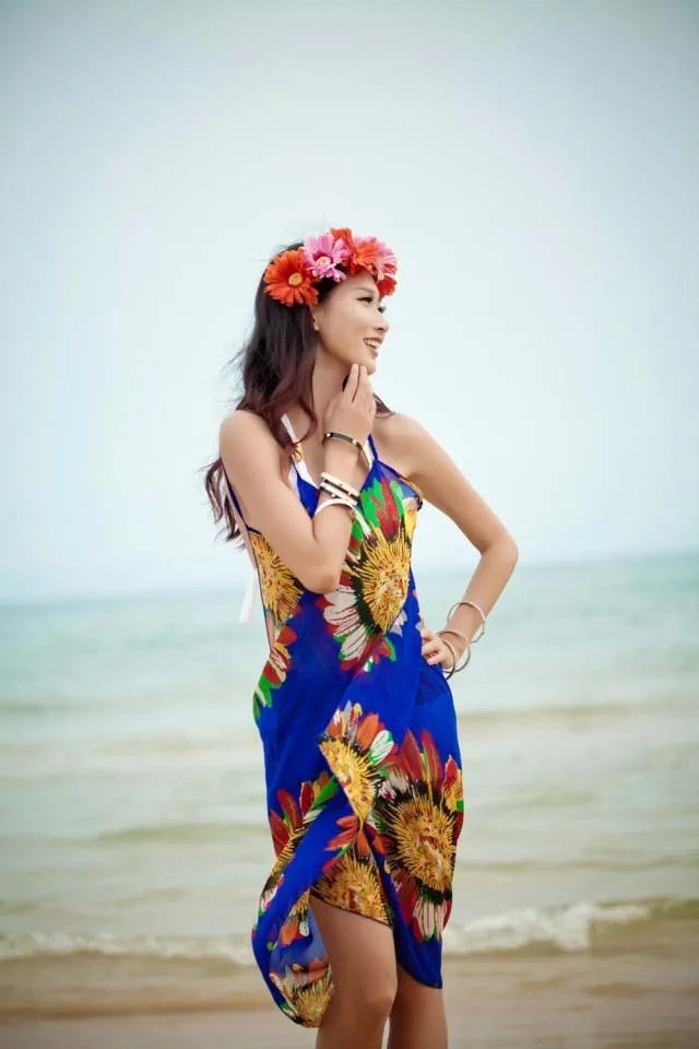 2023 Printed Cover-ups Sexy Beach Dress Women Halter Sling Chiffon Beach Towel Bikini Wrap Pareo Skirts Open-Back Swimwear