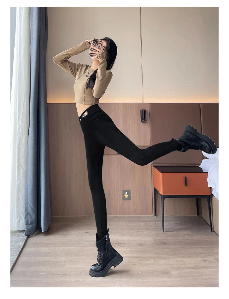 Women's Autumn And Winter Denim Jeans Thick Velvet Slim High Waist Small Leg New Black High Stretch Pencil Pants