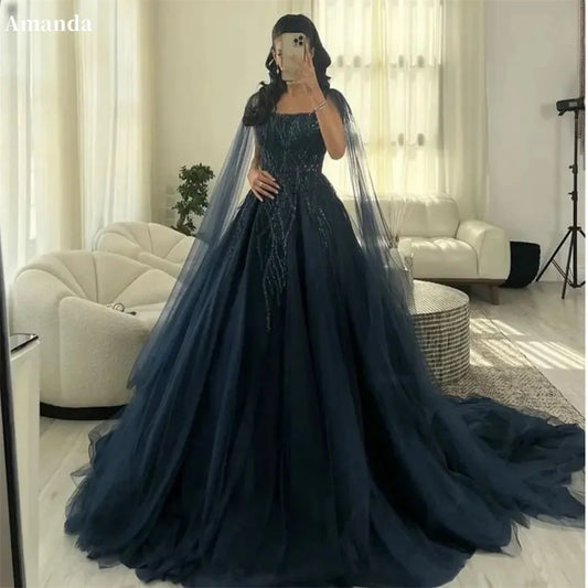 Amanda Lace Embroidery Tulle vestidos de noche Detachable Shawl Prom Dresses Elegant Sleeveless Floor-Length Formal Evening 2024 - Seprincess