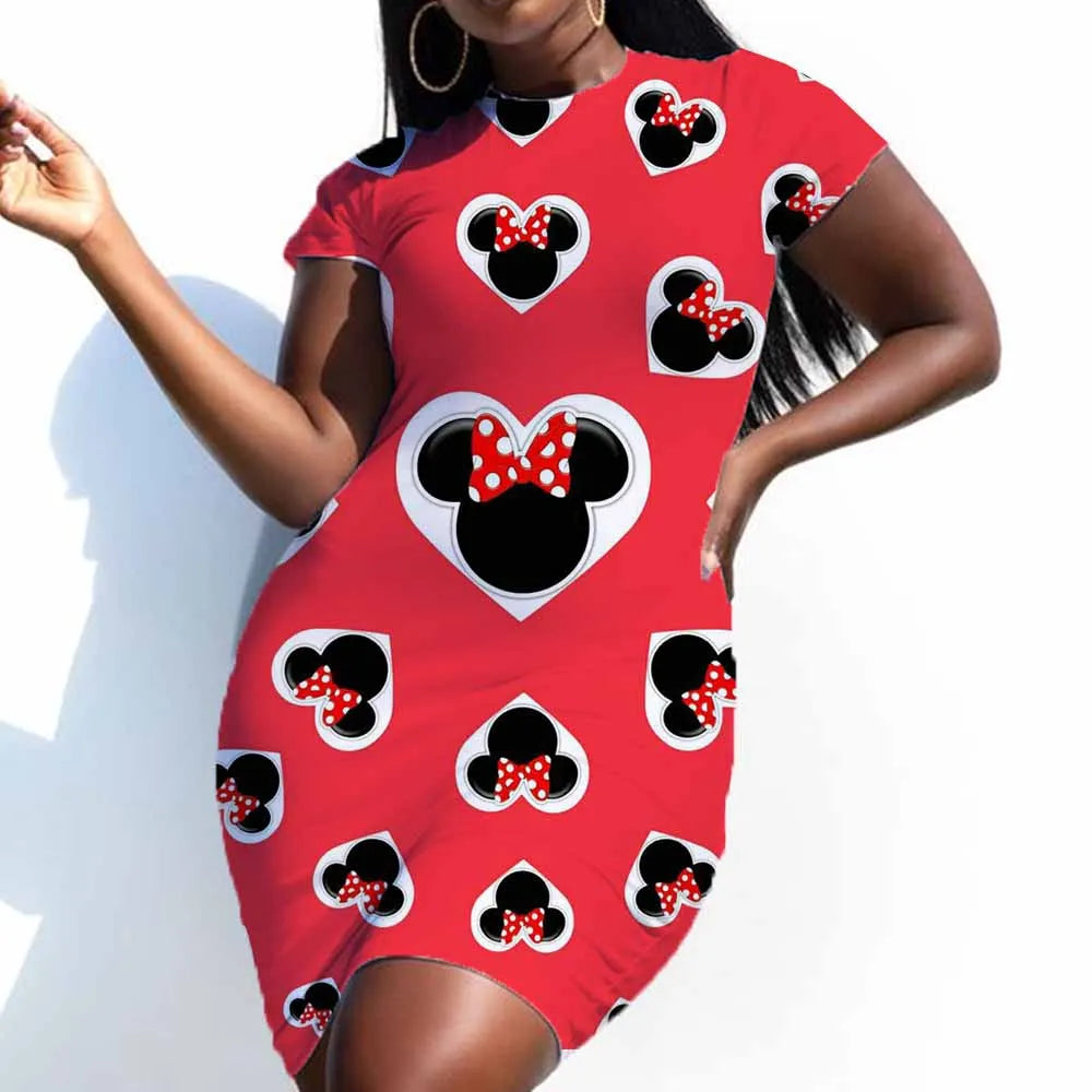 Disney Minnie Mouse Bow Print Elegant Large Pencil Dress Women's Minimalist Coat Office Dress Summer Short Sleeve 5XL - Seprincess