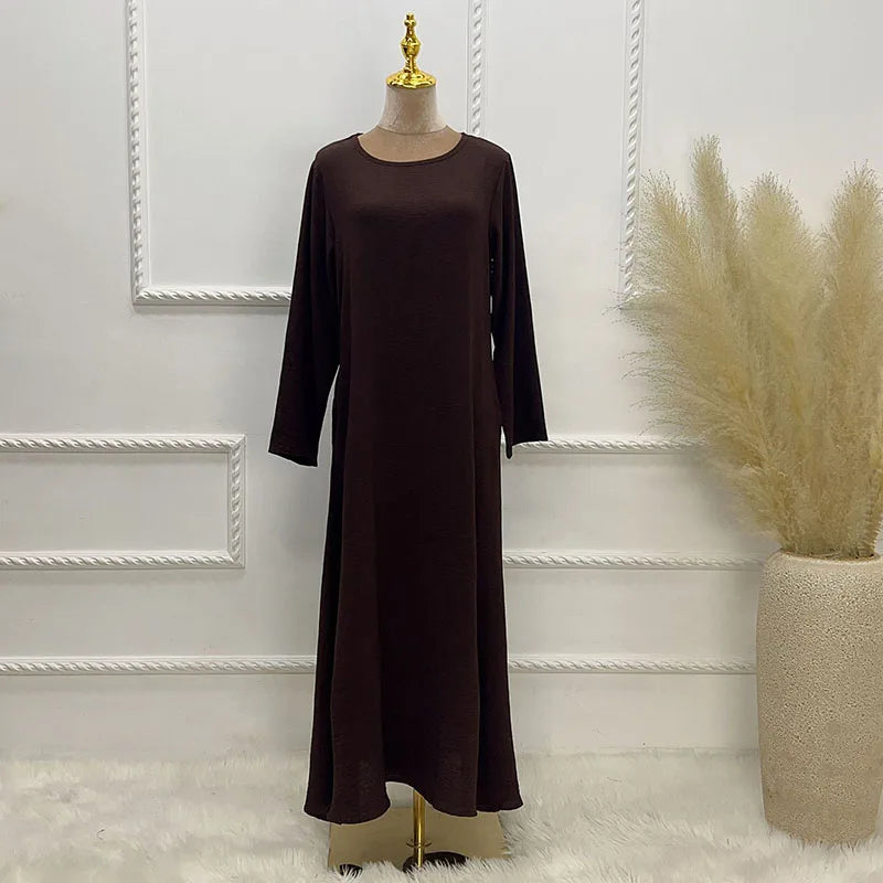 New Abaya Under Dress Long Sleeve With Pockets High Quality Jazz Crepe EID Muslim Women Basic Solid Modest Maxi Islamic Clothing - Seprincess