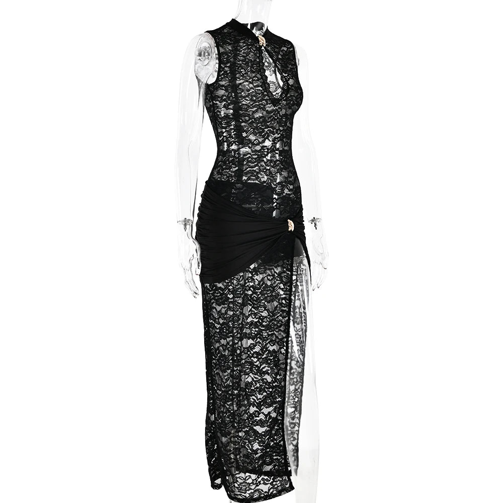 Fantoye Sexy Hollow Out High Slit Lace Women Maxi Dress Black See Through Evening Dress Female Autumn New Elegant Party Clubwear - Seprincess