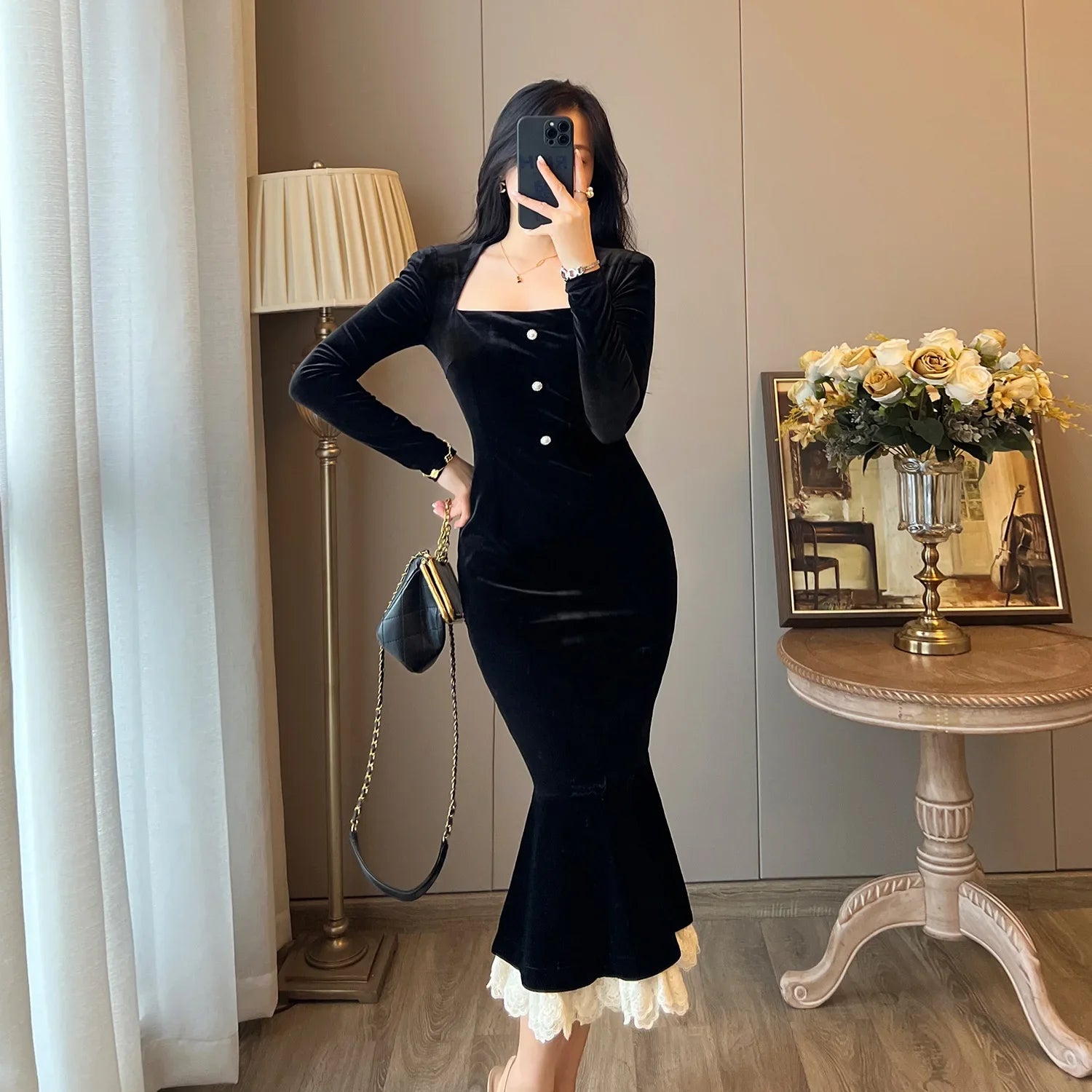 Elegant French Haban Style Fish Tail Skirt Spring Autumn Soft High Class Square Collar Long Sleeve Black Velvet Long Dress - Seprincess