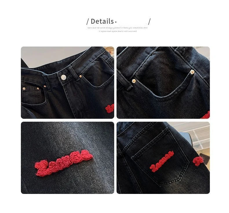 Black and Red Letter Embroidered Jeans Female Y2K Spring and Autumn New High Waist Loose Couple Casual Slim Wide Leg Mop Pants