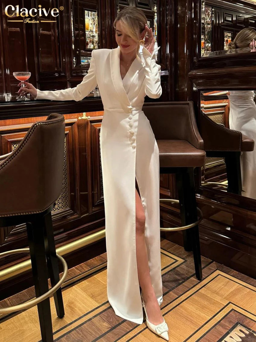 Clacive Fashion Slim White Dress Bodycon Lapel Long Sleeve Ankle Length Dress Party Elegant Classic Slit Dresses For Women 2024 - Seprincess