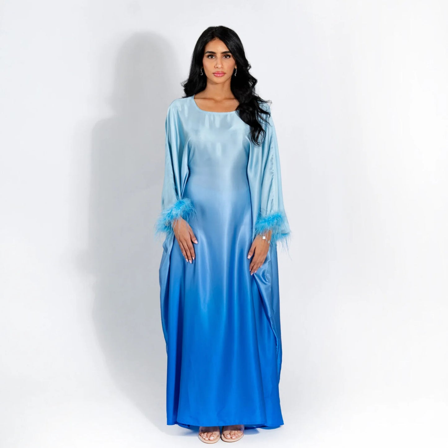 Fashion Shiny Feather Cuff Muslim Dress Robe Female Full Length Soft Butterflies Abaya Muslim Dress Worship Service Abaya wy2073