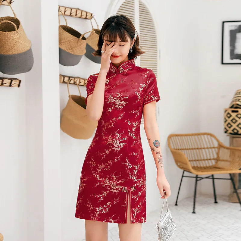 Front Fork Dragon&Phoenix Qipao Elegant Women Cheongsam Old Shanghai Mandarin Collar Sexy Short Chinese Dress Vestido - Seprincess