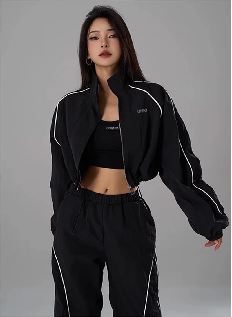 Hip Hop Sports Suit Two-piece Set Women Black Short Track Jacket +Sweatpants Joggers Dance Tracksuit Female Cropped Jacket Sets - Seprincess