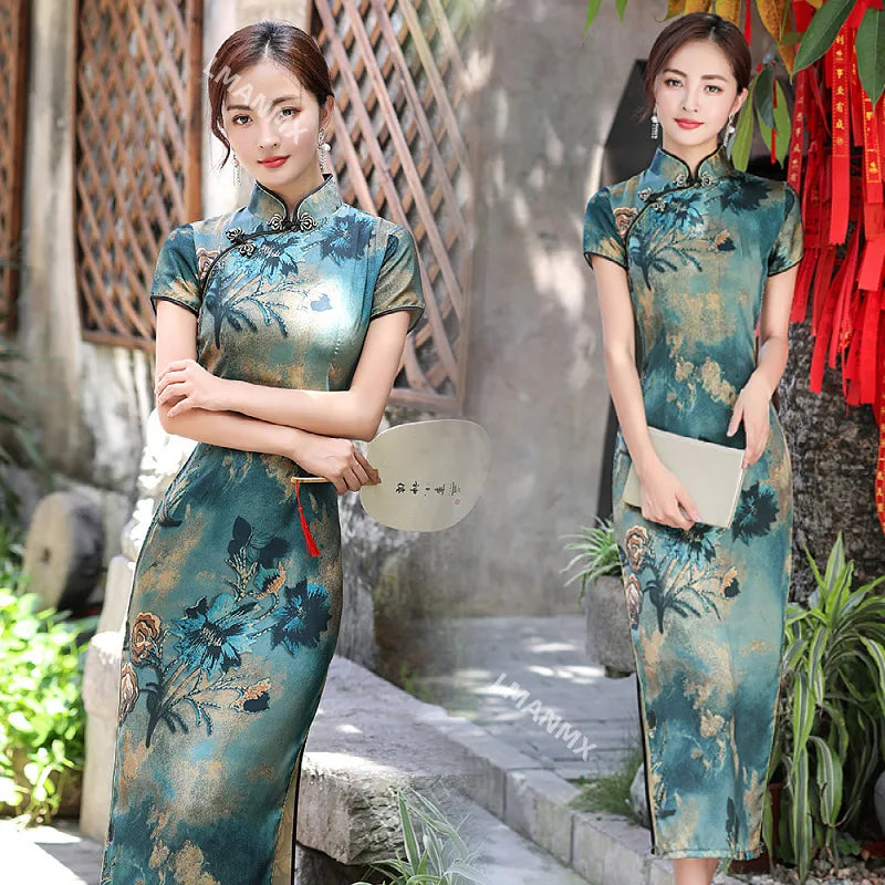 Summer Long Cheongsam Vintage Qipao Silk Fashion Daily Women Dress Slim Party Costume Dresses - Seprincess