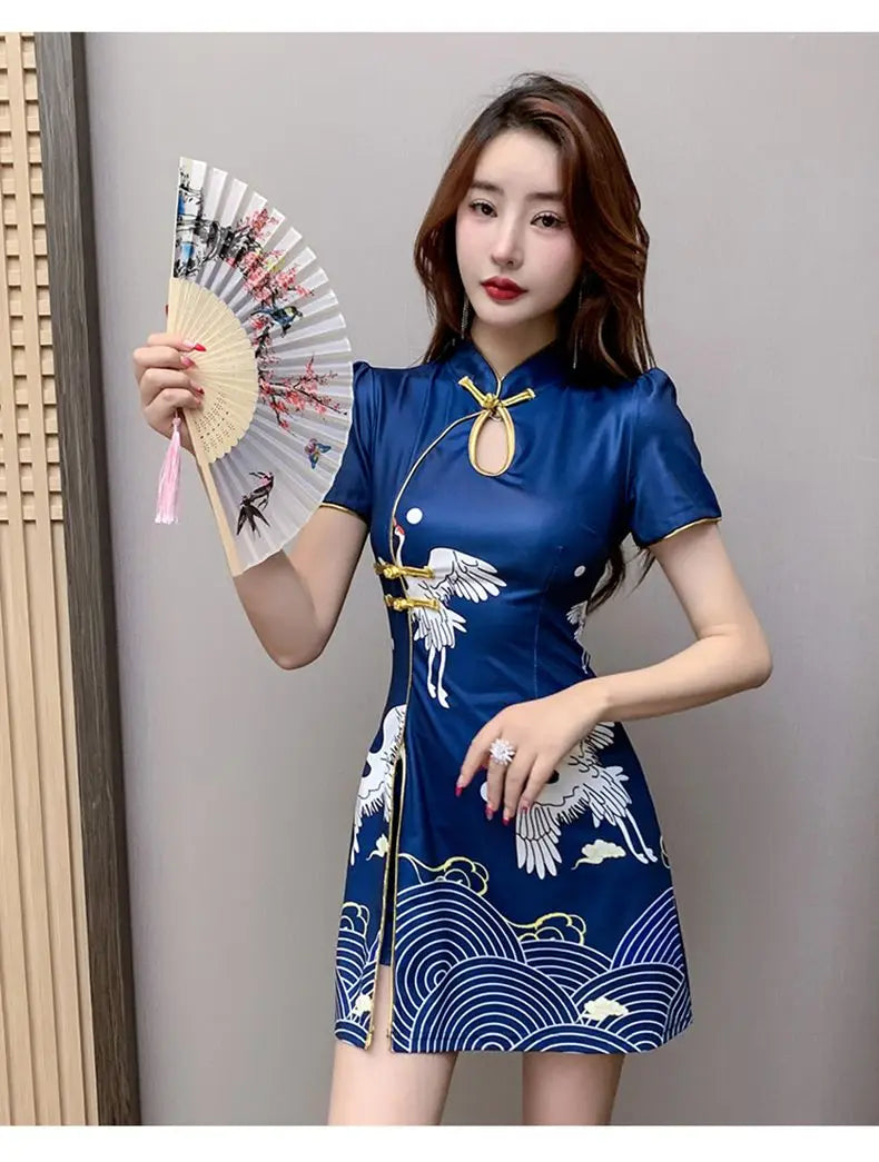 Women Chinese Style Retro Improved Temperament Printing Cheongsam Modern Dress Blue Chinese Qipao Dresses for Women - Seprincess