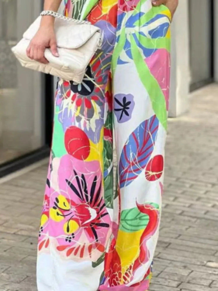 Fashion Color Print Two Piece Set Women Trendy Loose Long Sleeve Shirts Wide Legs Trousers 2 Piece Set Female  Commuting Suits - Seprincess