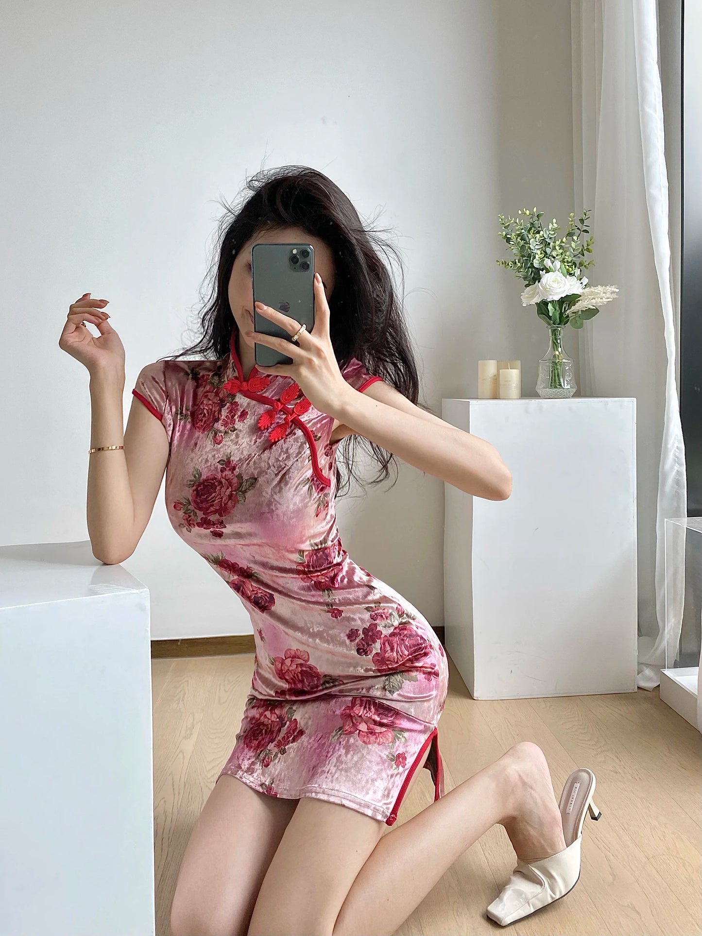 Chinese Dress Pink Sexy Qipao Dresses Cheongsam Dress Velvet Retro Printed Cheongsams Mini Qipao China Dress Robe Chinoise - Seprincess