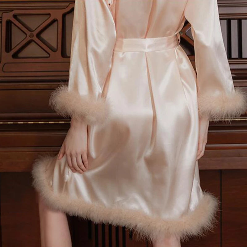 Women Feather Robe With Fur Sleepwear Bride Morning Satin Robes Nightgown Dress Elegant Wedding Bridesmaid Robe Gown Bathrobe - Seprincess