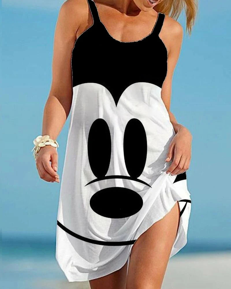 Disney Minnie Mickey Mouse Women Dresses 3D Dye Print Fashion Sleeveless Summer Halter Casual Sexy Dress Loose Kawaii Dress - Seprincess