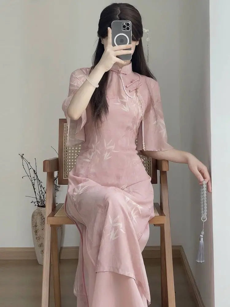 New Chinese Style Pink Qipao Dress 2024 Vintage Cheongsam Young Oriental Lady Evening Dress Summer Daily Vestido - Seprincess