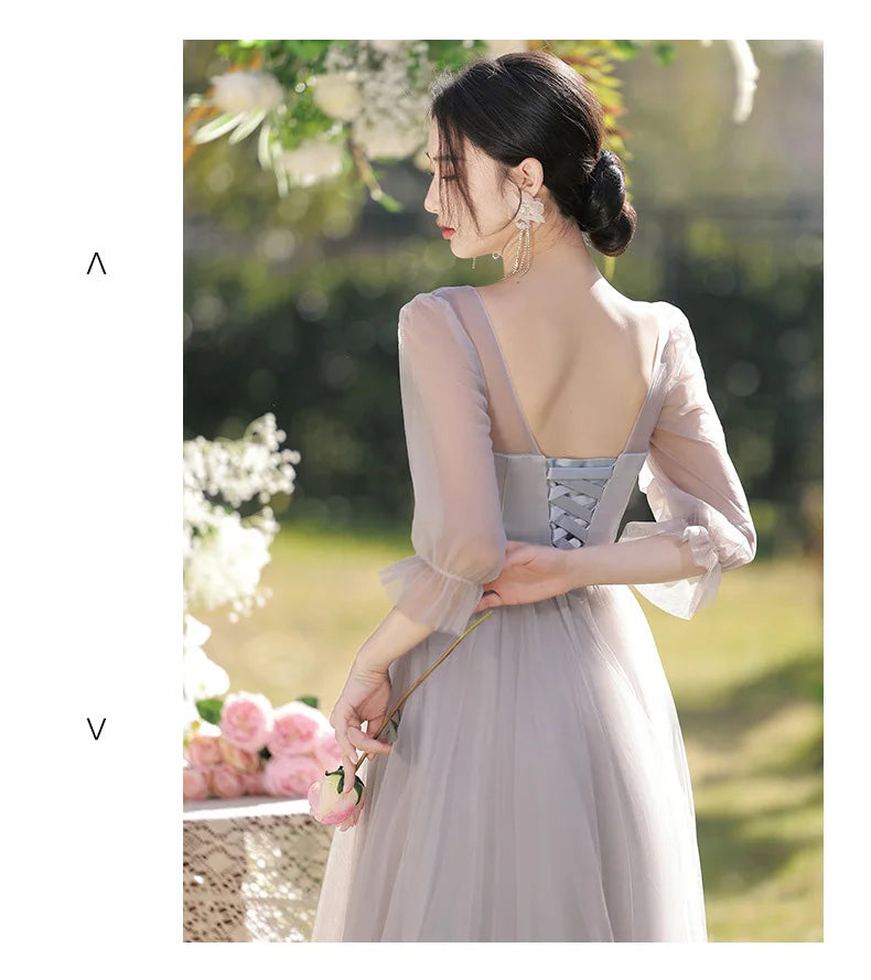 Temperament Grey Bridesmaid Dress Long Wedding Sisters Group Gown Elegant Applique Tulle Off Shoulder Banquet Party Vestido